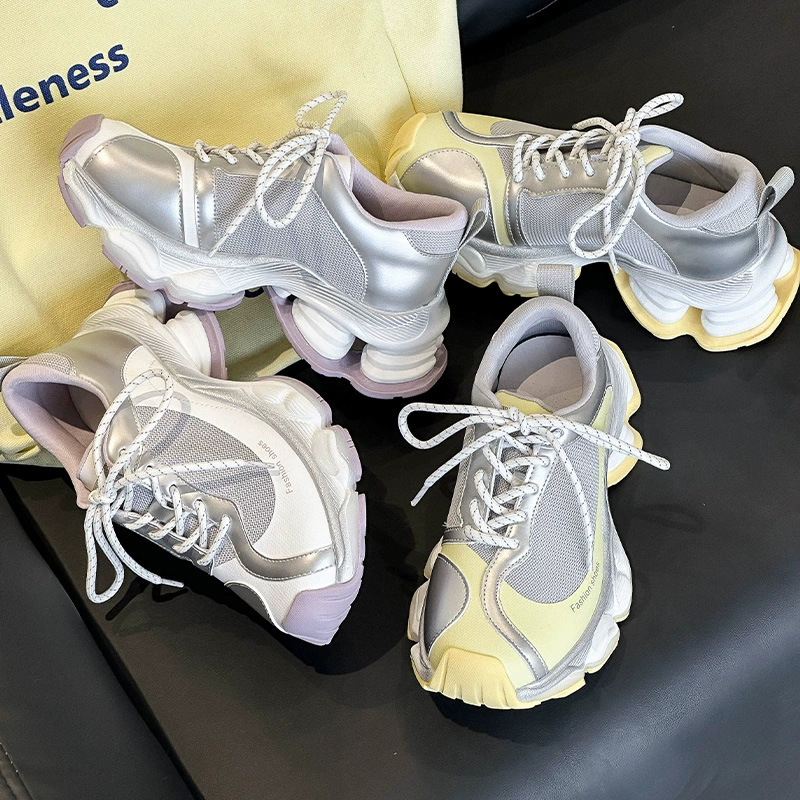 Толстая подошва кожаные ботинки папы женские 2025 новые дышащие сетчатые ботинки