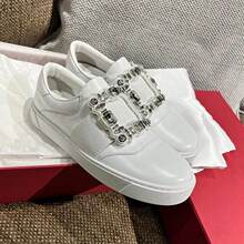 杨颖唐嫣同款鞋RV水钻方扣休闲高尔夫球鞋轻奢小白鞋女真皮乐福鞋
