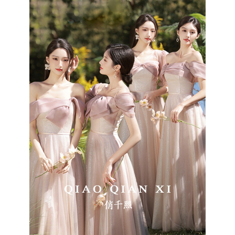 Pink 2026 new bridesmaid dress, long gown, elegant and sophisticated, perfect for a group of bridesmaids, featuring a mesh overlay, new style