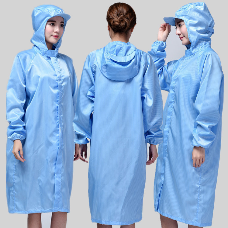 防静电大褂连帽条纹蓝白色男女无尘车间工作服洁净翻领静电衣大褂