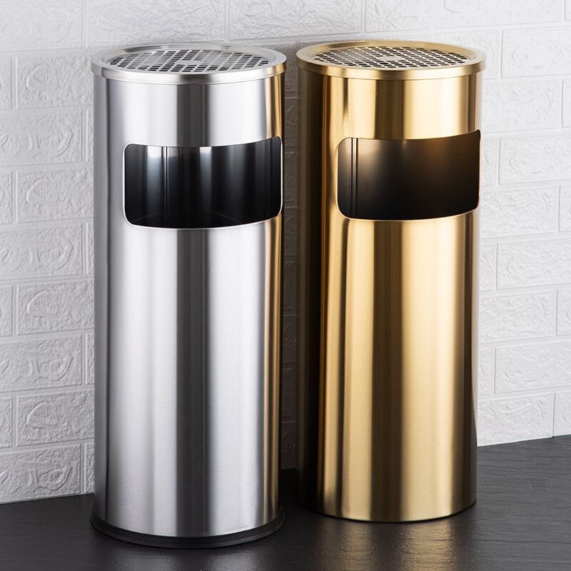 Stainless steel round trash can with ashtray commercial public places hotel elevator mouth outdoor vertical ashtray