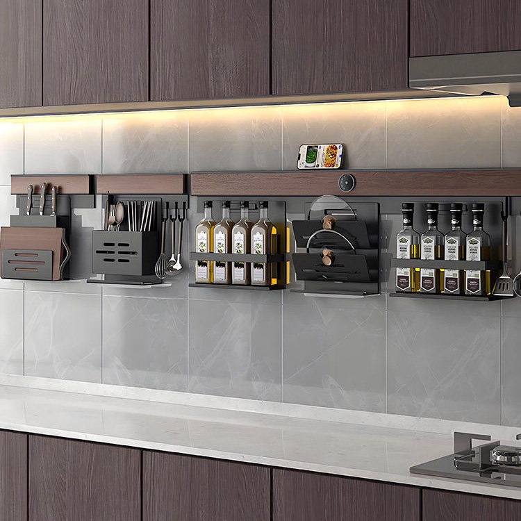 Walnut kitchen storage rack spice rack no punching wall-mounted multi-functional solid wood knife holder pot lid rack storage rack