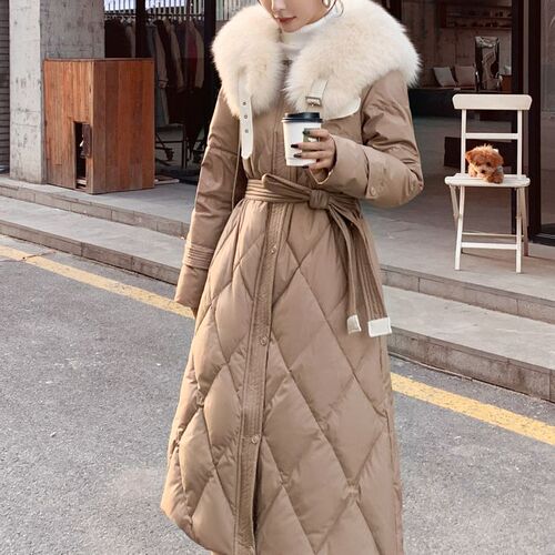 Large fur collar medium and long down cotton coat for women's winter Lingge popular over-the-knee thick coat coat and waist coat