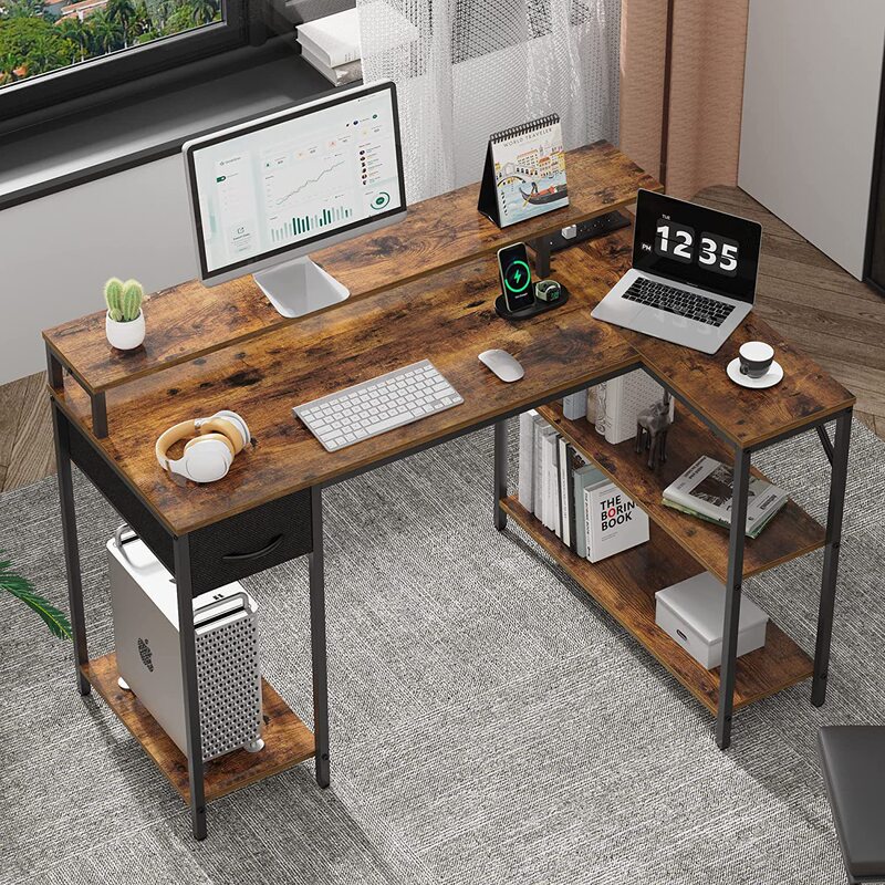 L-Shaped Computer Desk with Power Outlets and Led Light Strip, Monitor Stand, Storage Rack, Small Corner Office Desk