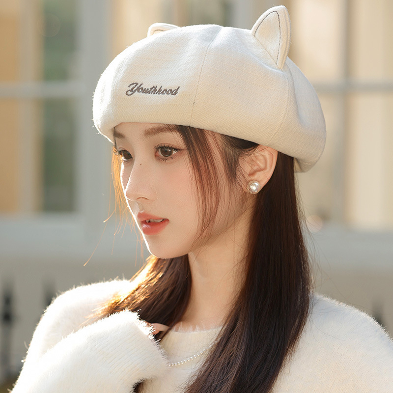 韩系复古可爱猫耳朵贝雷帽春秋新款休闲百搭画家帽防风保暖帽子女|undefined