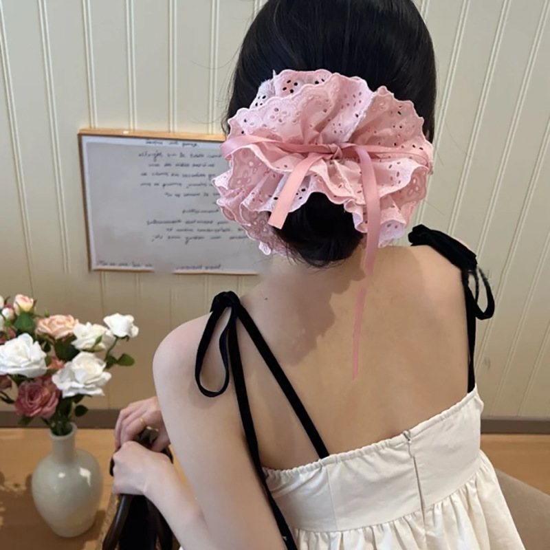 フレンチレトロな二層チェック柄レースの大きなヘアゴム、文学少女カレッジスタイルのヘアロープポニーテールヘッドロープ|undefined