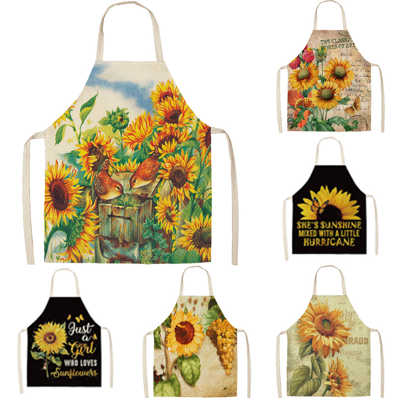 식물 해바라기 디지털 인쇄 민소매 린넨 앞치마 국경 빈티지 해바라기 턱받이 집 청소 방오 전체적으로