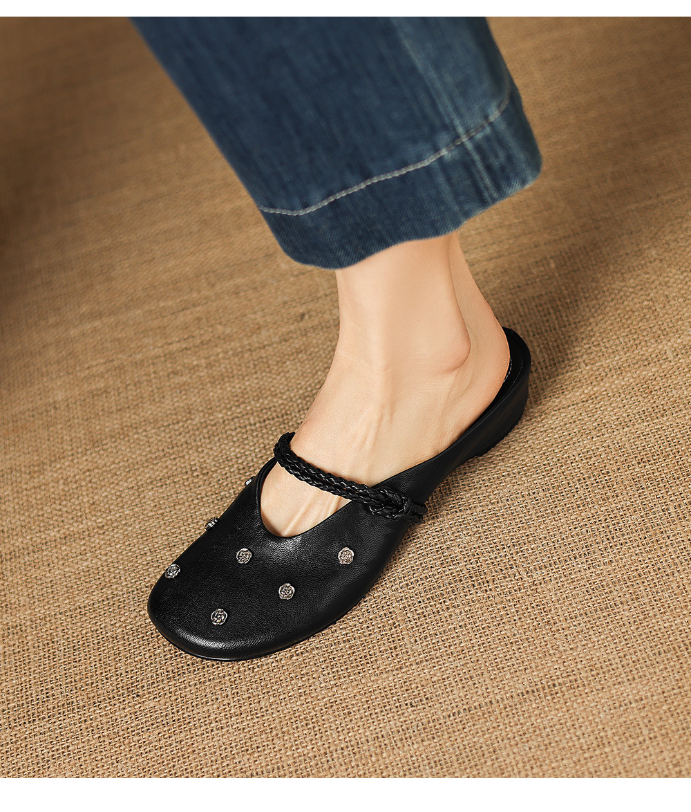 Sandal nữ mũi bít da dê quai ngang gót thấp — đen chi tiết 13