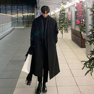 Spring and Autumn Men's Woolen Coat Fashionable Korean Style Loose Woolen Coat Men's Mid-length Over-the-knee Coat
