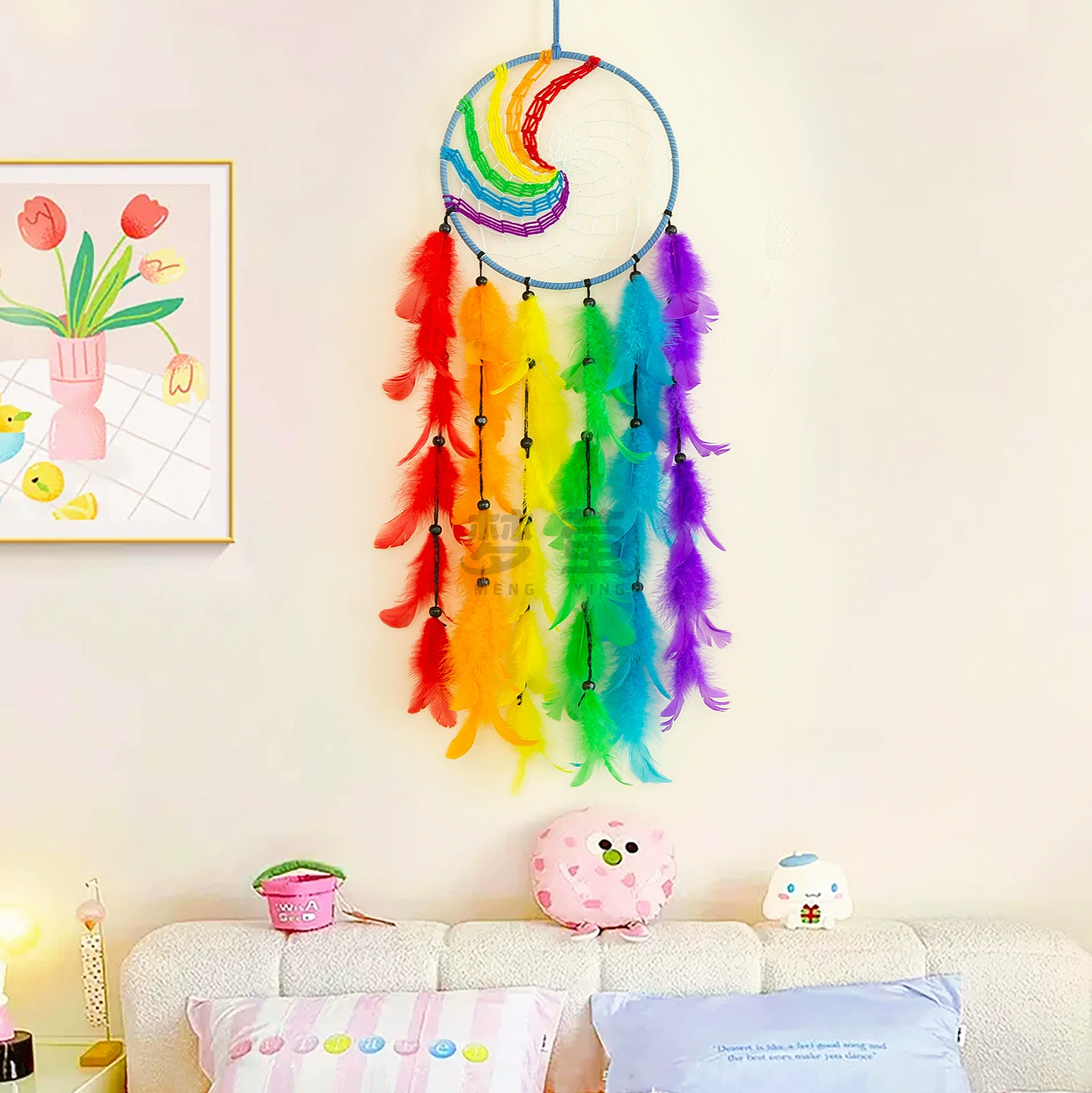 Трансграничная радуга ловля снов ручной работы diy перья плетеные колокольчики подвески скандинавские стены спальни украшения ловля снов