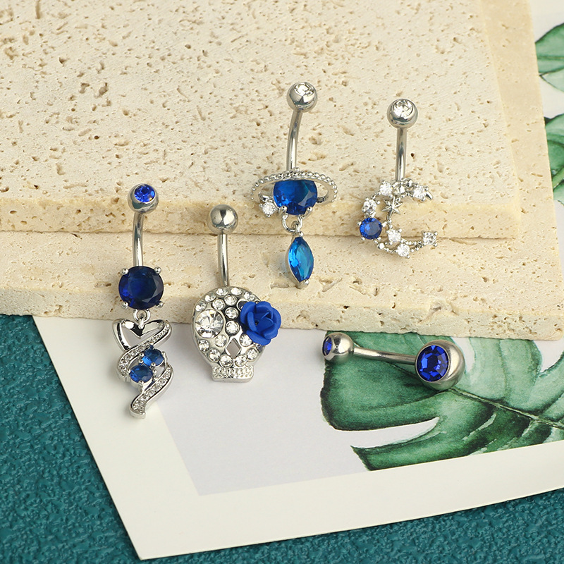 Blue Planet Zircon Water Drop Umbilical Ring Simple Moon Navel Buckle 5-Piece Body Piercing Set detail image 7