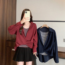 大码女装2025秋装新款胖妹妹韩版设计感条纹背心别致衬衣上衣套装