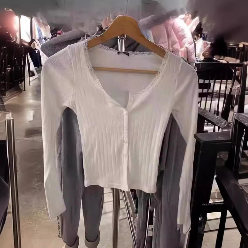 Summer New Versatile Lace Trim Slim Fit Long-Sleeve Tbm Base Shirt Cardigan Sun Protection V-Neck