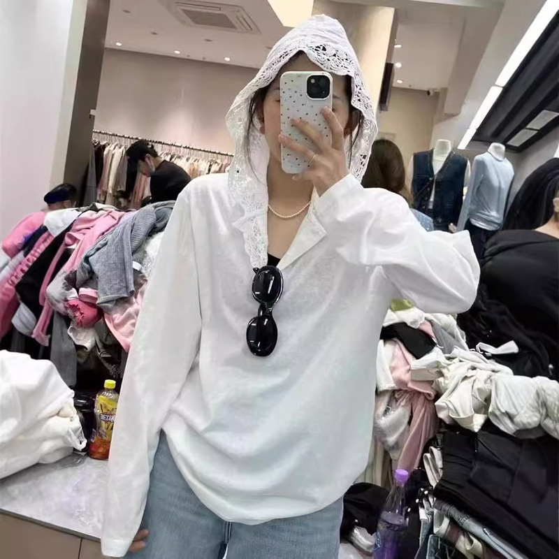 Korean Style New Arrival Loose Crochet Lace Cap Mid-length Thin Shirt Long-sleeved T-shirt Women's All-match Design Sense Top Women's Clothing