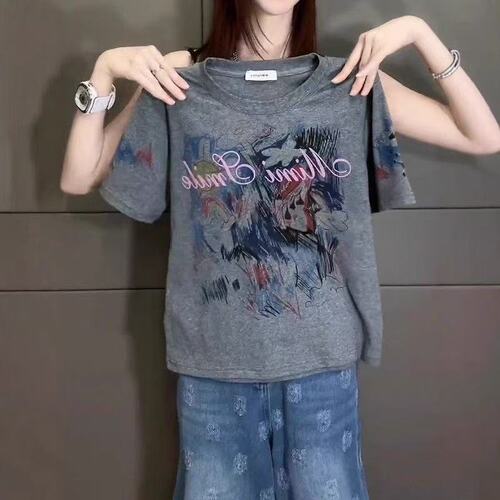 Grey Oversized Shoulder Short-Sleeve T-Shirt for Women - Summer New Arrival Korean Style Fashion High-End with Colorful Art