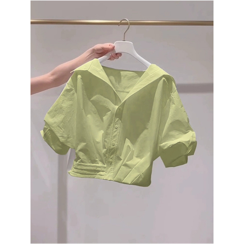 White Collared Puff Sleeve Shirt for Women, Summer 2026, Super Stylish, Relaxed Style, Loose Short Top, Fresh and Trendy