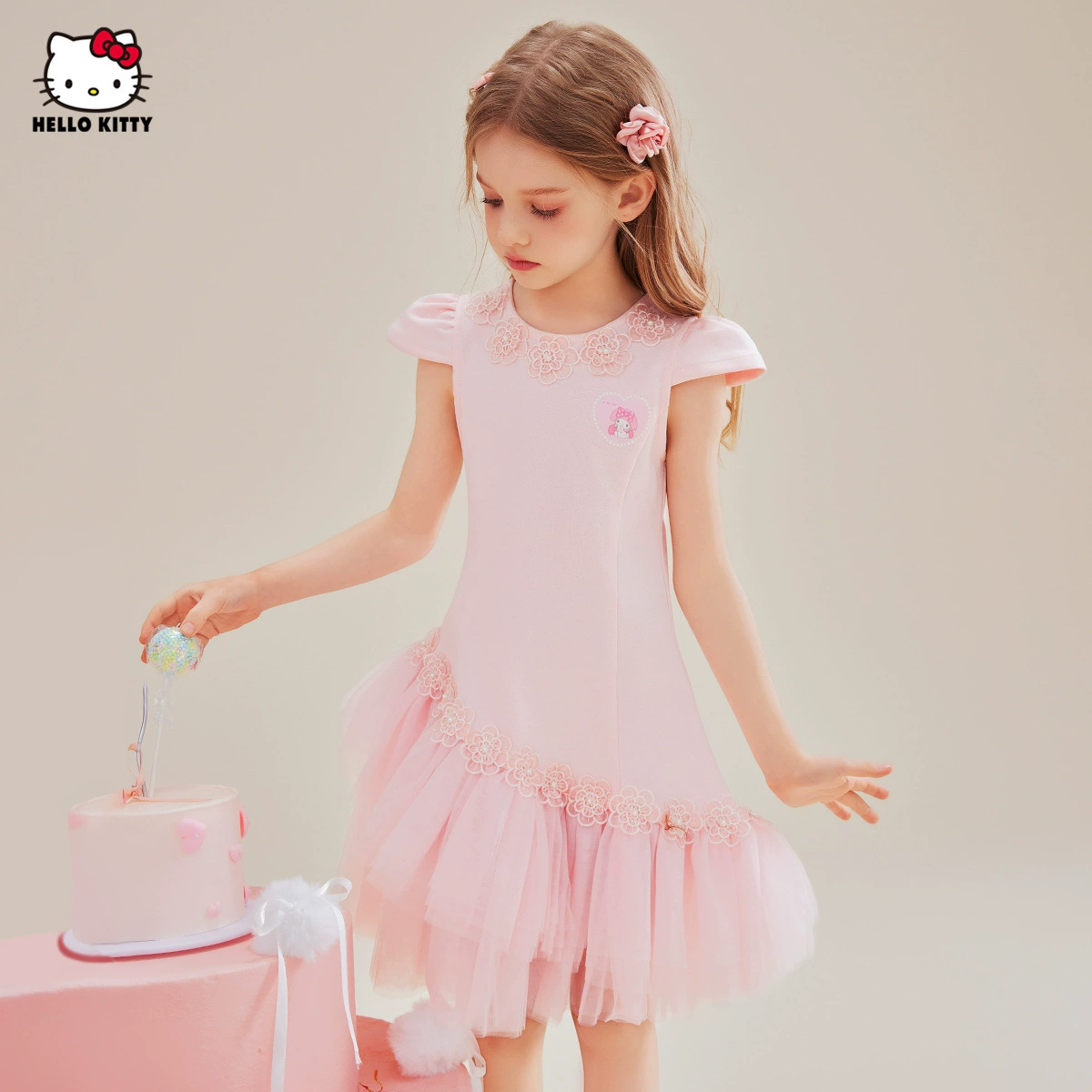 HelloKitty Hello Kitty девушки летнее платье 2025 новая сладкая французская сетчатая юбка