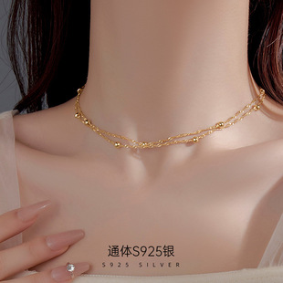 Under Banyan Tree S925 Silver Double Layer Stacked Small Gold Bean Necklace Women's Simple Niche Summer All-match Choker Clavicle Chain