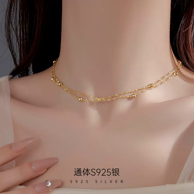 榕树下S925银双层叠戴小金豆项链女简约小众夏天百搭choker锁骨链