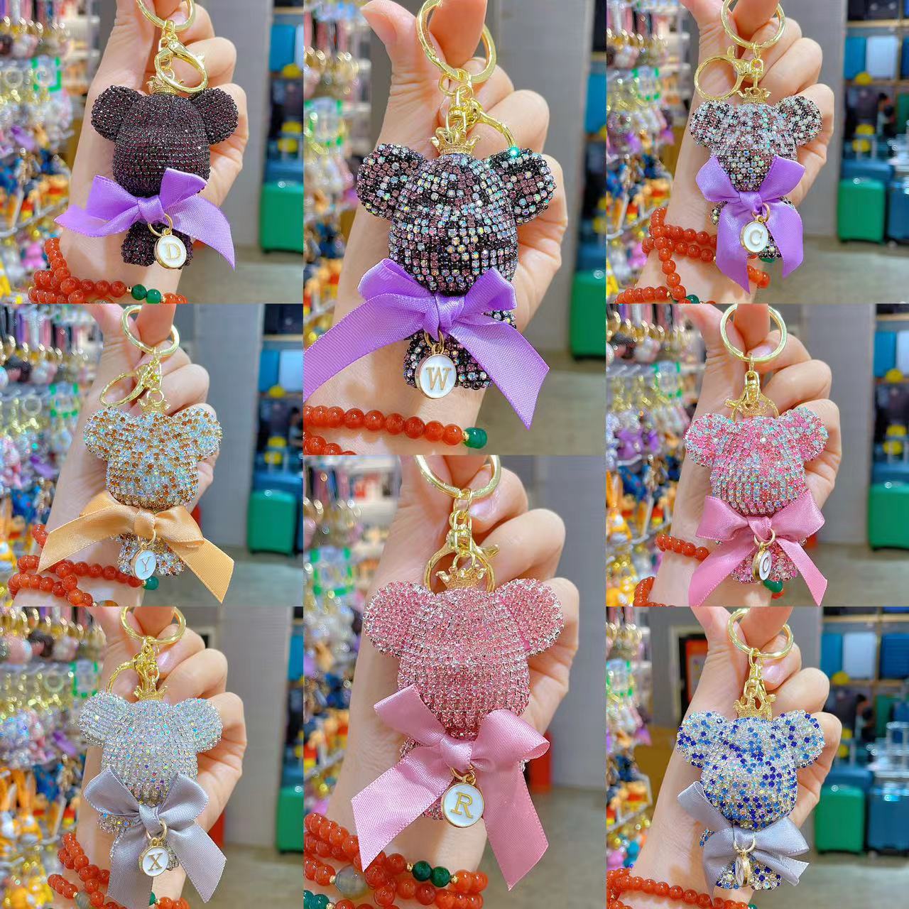 Venta directa de fábrica de lujo completo diamante muñeca llavero pajarita cabeza grande oso completo diamante bolsa colgante coche llavero