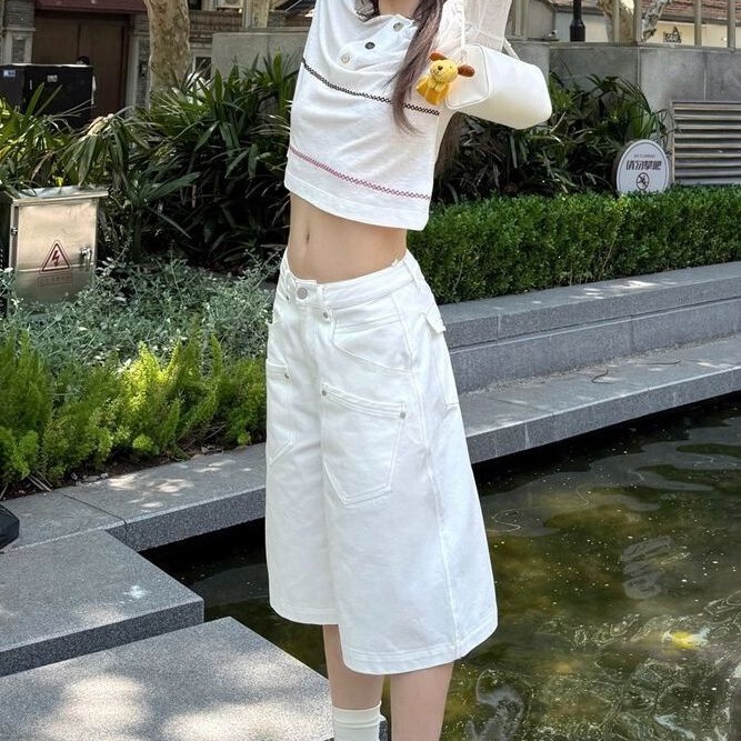 American Retro White Cropped Jeans for Women, Summer High Street Design, Straight Loose Fit, Slimming Wide-Leg Mid-Length Pants