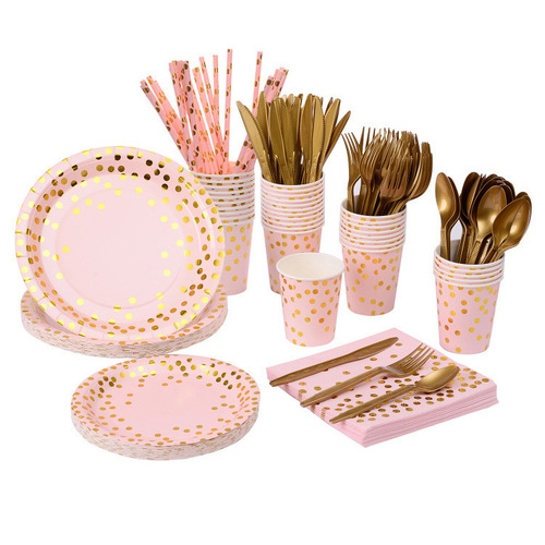 Cross-border hot stamping small dot pink tableware set paper cup paper plate paper towel knife fork spoon disposable party decoration factory