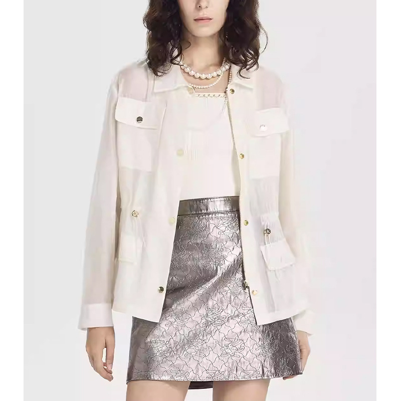 【Kl Order】Double-Pocket White Waist-Cinching Shirt Jacket 2026 Summer New Embroidered Women's Design Top