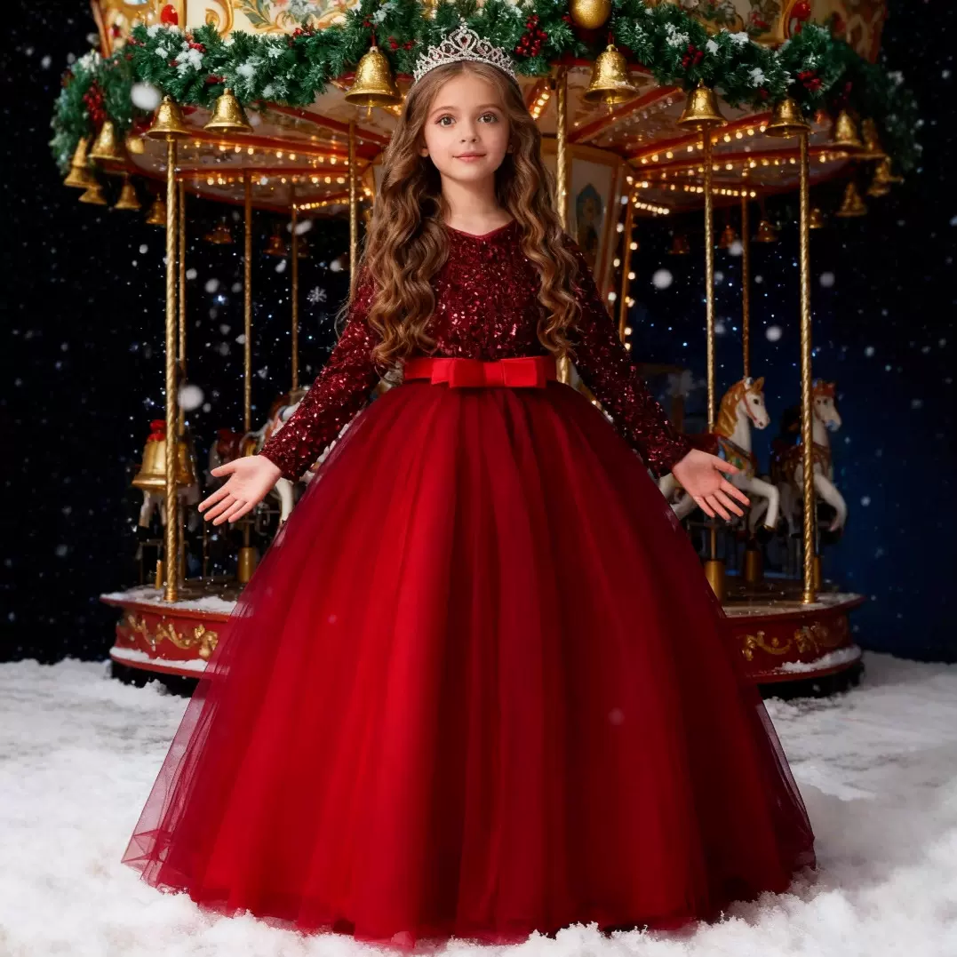 儿童礼服女童亮片生日晚礼服公主裙小女孩主持人钢琴演出服装现货