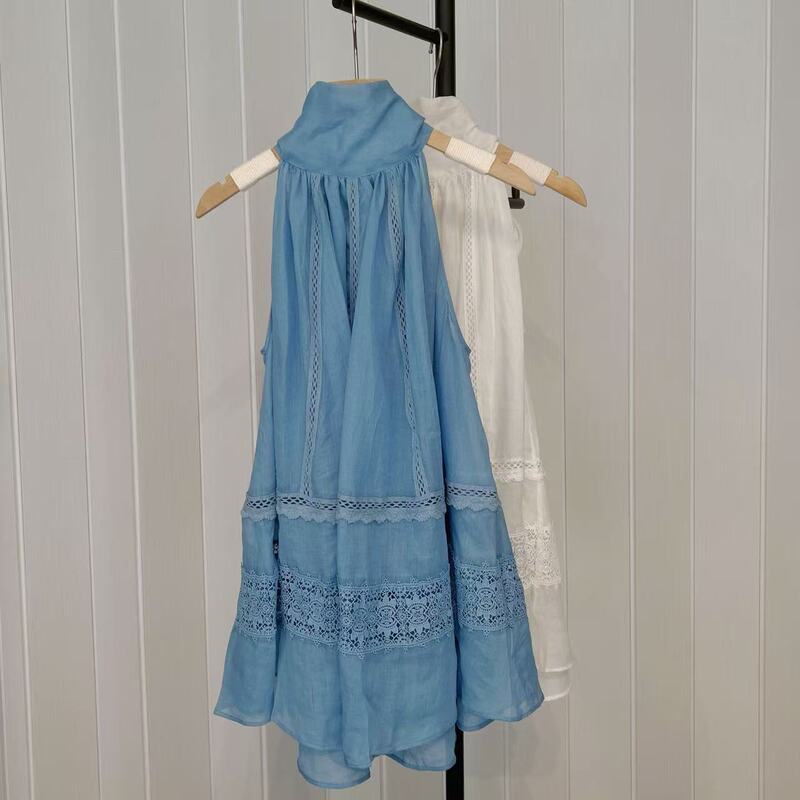 lnt0 100% ramie halter neck top with ribbon and lace trim, sleeveless, loose A-line shirt for women, summer lnt0 100% ramie halter neck top with ribbon and lace trim, sleeveless, loose A-line shirt for women, summer