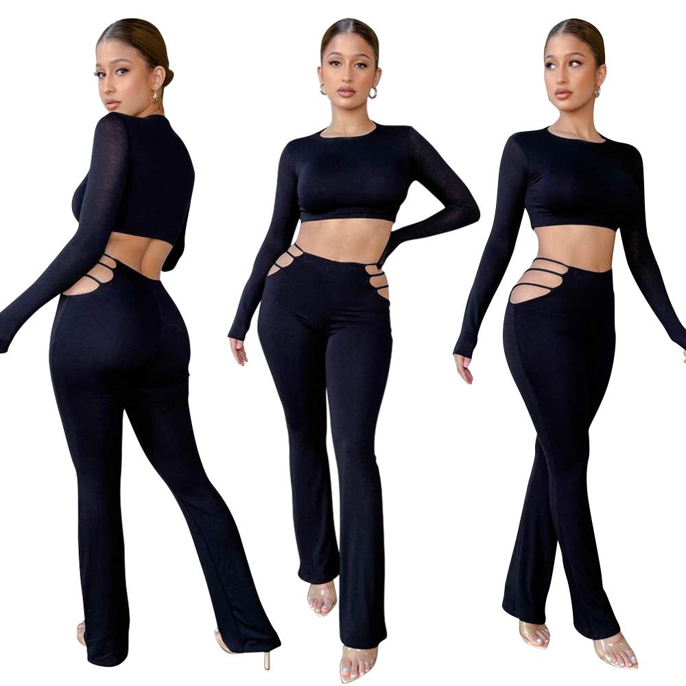 women s solid color tight-fitting hollow two-piece nihaostyles wholesale clothing NSOSD78422