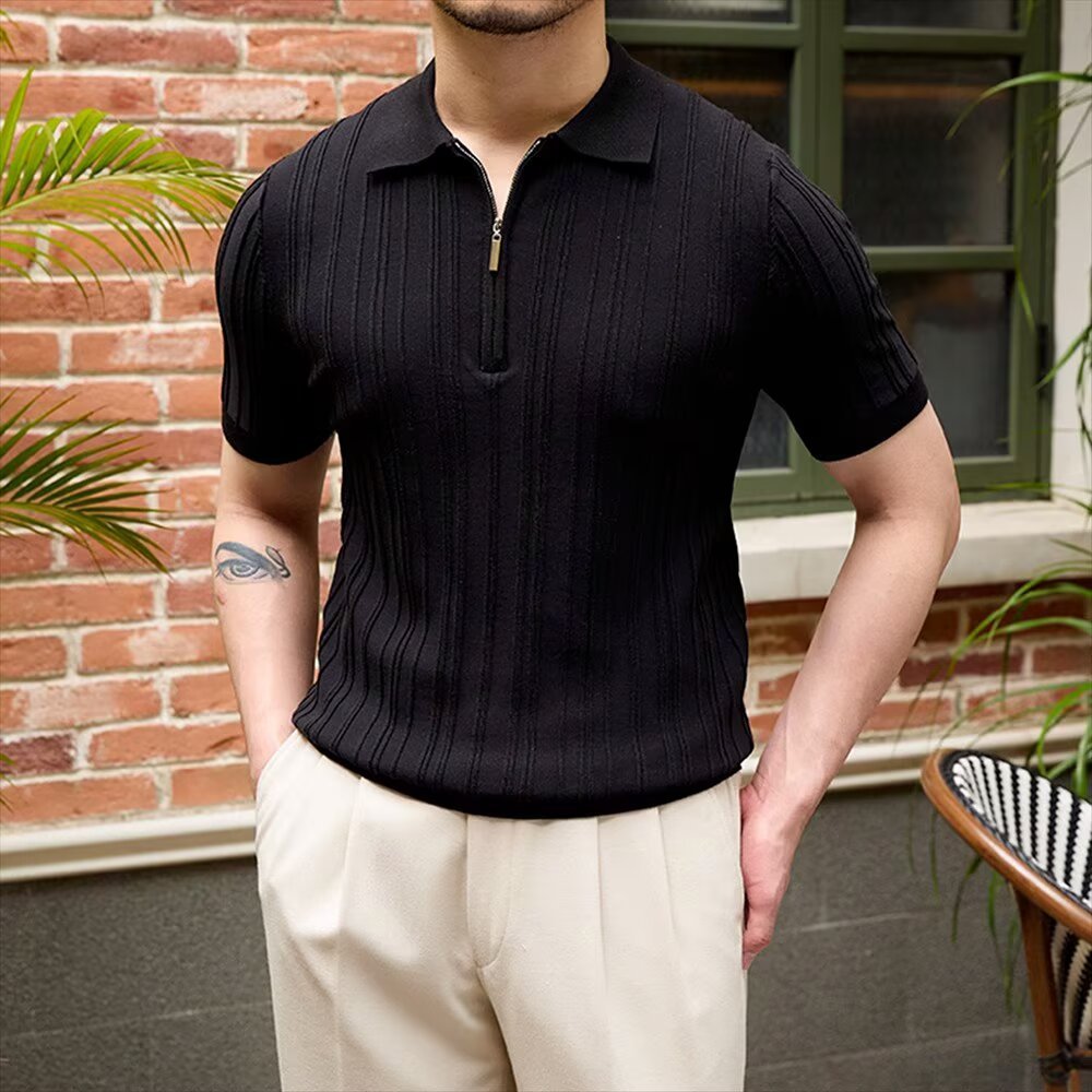 Polo homme à manches courtes, col à revers, demi-zip, maille, mode décontractée, ajouré, jeune, âge mûr_voghion.com