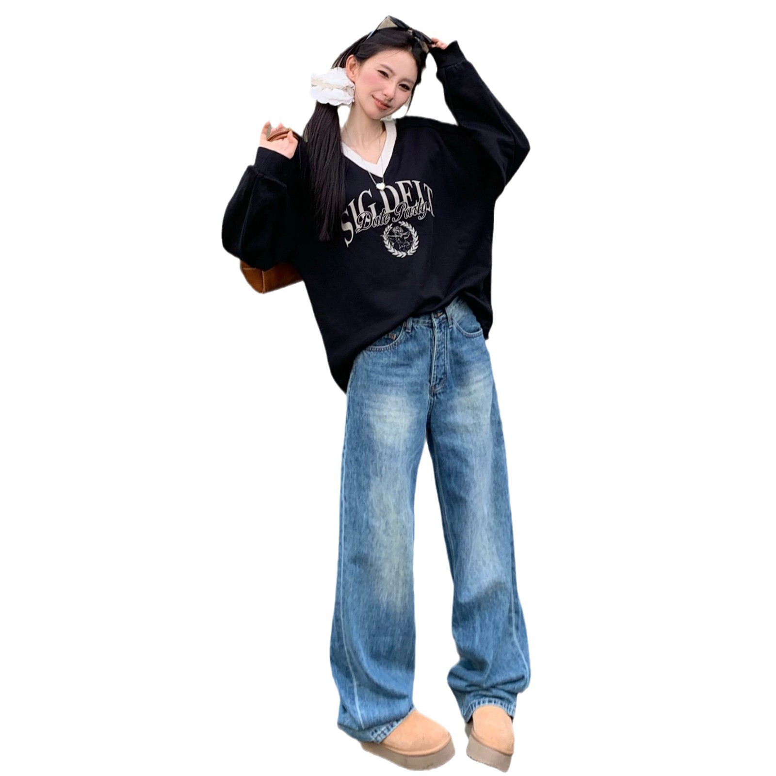 RHGD 진짜 샷  오프닝 신 바지로 장미  여자 느슨한 올매치 스태킹 유행 편안한 청바지