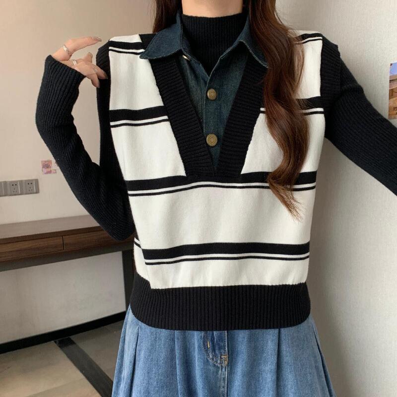 Autumn and Winter new design fashionable all-match casual knitted vest women's denim stitching fake two-piece lapel sweater women