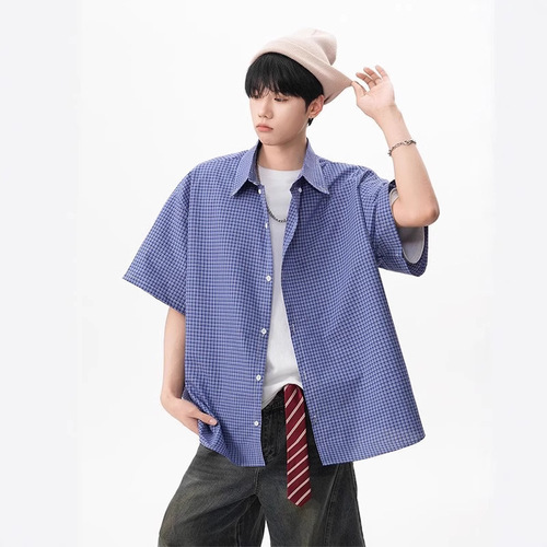 Japanese Retro Blue Grid Short-Sleeve Shirt for Men and Women, Summer City Boy Versatile Top, Loose Couple T-Shirt Jacket