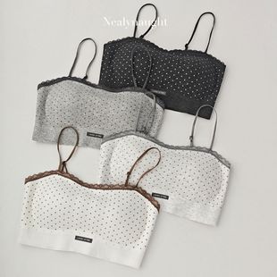 Polka Dot Sweet and Cute Color-Blocked Lace Wireless Bra with Ribbed Cloud-Like Cotton Integrated Cup, Thin Straps, Anti-Exposure and Beautiful Back Design