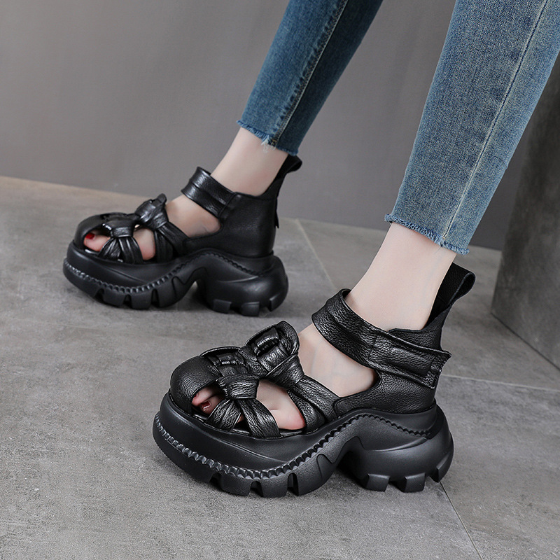 Sandal nữ da bò thật đế dày phong cách La Mã, mũi kín, quai đan dây — màu nâu