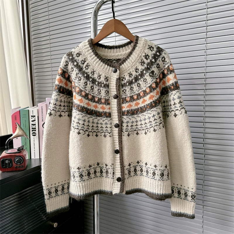 Жаккардовый кардиган в стиле Фэр-айл, ретро, осень-зима 2025, новый, свободный крой, вязаный, женский топ