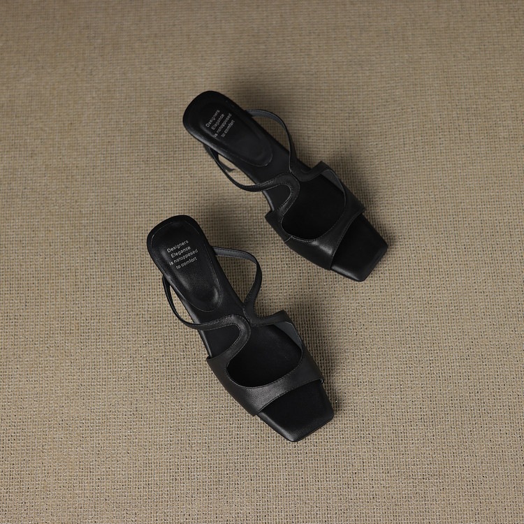 Sandal nữ da bò mũi vuông hở ngón gót lạ mắt — màu đen, màu trắng ngà, bạc chi tiết 109
