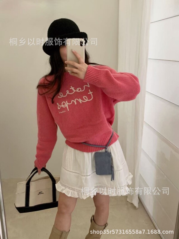 以时 25秋冬季新款韩系少女风刺绣字母毛衣百搭圆领羊毛针织衫 女|undefined