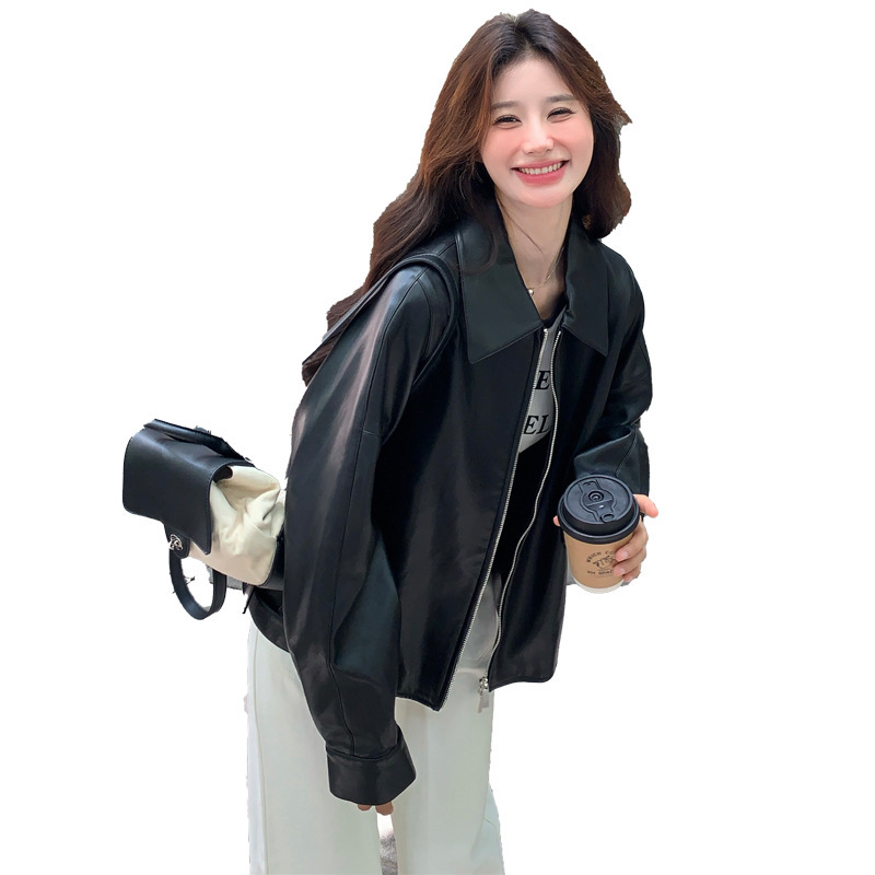 黑色感皮外套女2025秋新款韩系复古小个子又酷又飒皮衣夹克|undefined