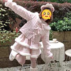 学院风甜美可爱毛呢套装女秋冬季高级感粉色格子外套半身裙两件套