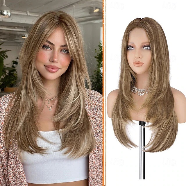 Brown Blonde Wig with Bangs, Medium Length, Natural Straight Synthetic Wig for Daily Use 24inch