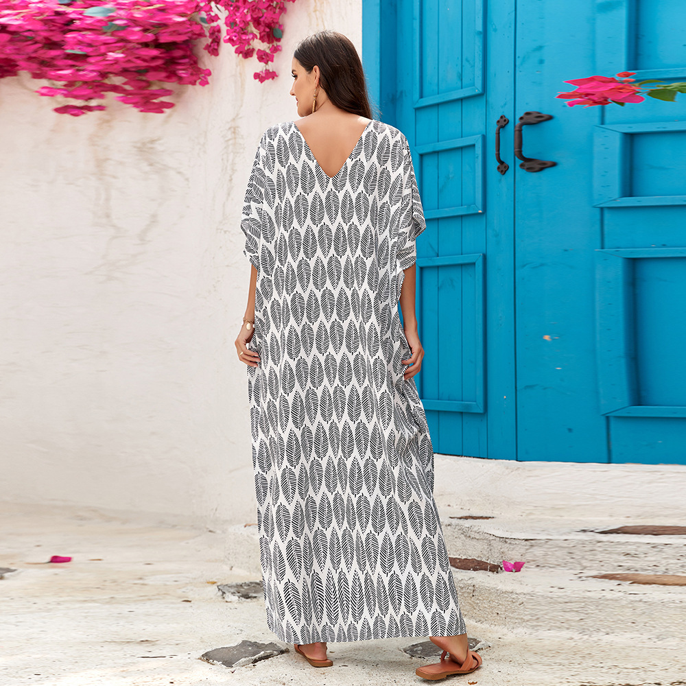 4 colores transfronterizo europeo y americano nuevo vestido largo impreso blusa de playa Plus tamaño vestido bikini protección solar camisa 1D100