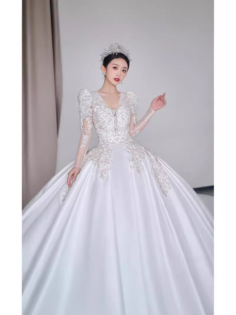 Long-sleeved satin light main wedding dress 2025 new French bride…