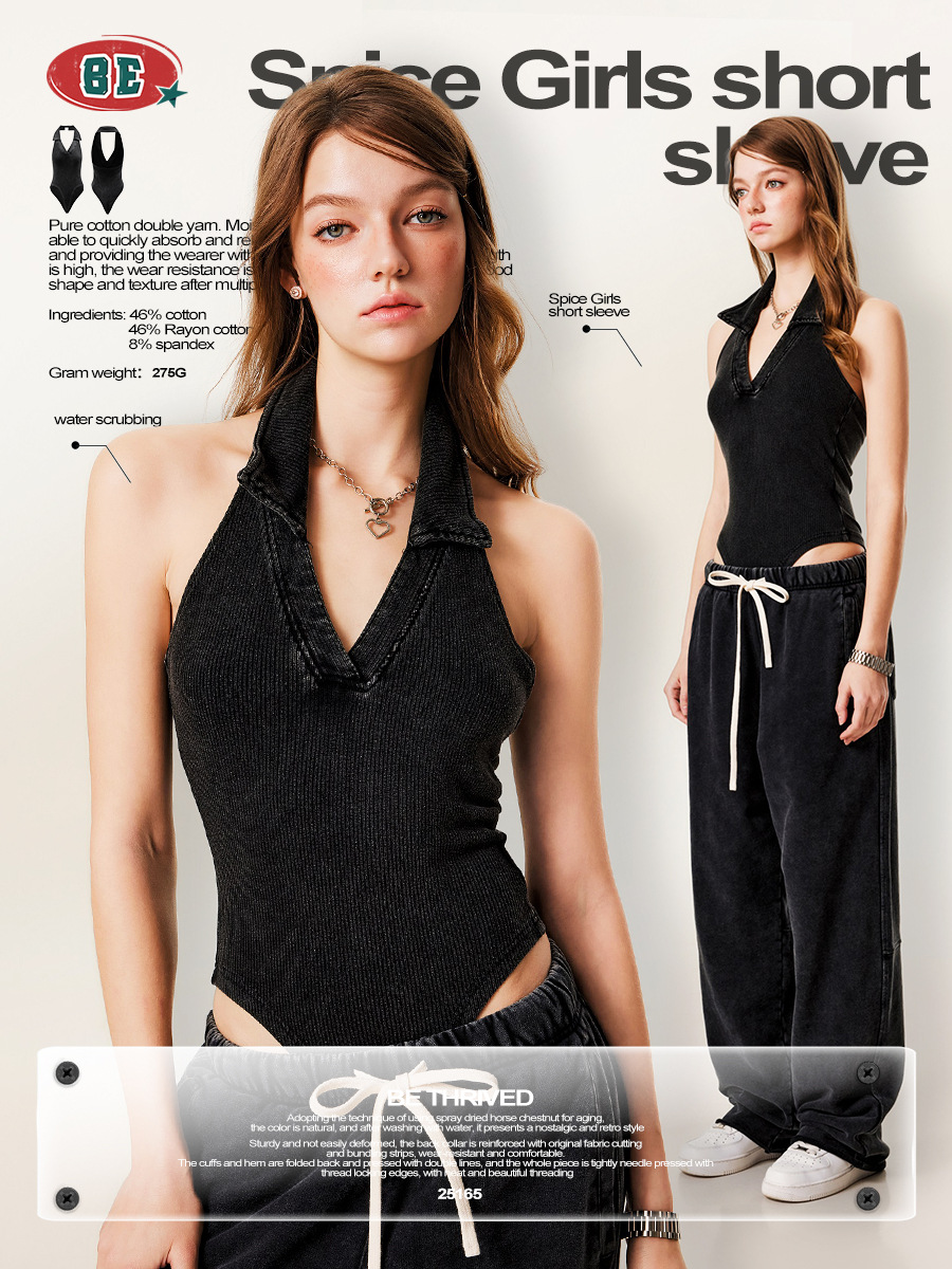 Ropa de mujer BE | Top Halter de Color Sólido para Mujer, Estilo Europeo y Americano, Verano 2025, Top Corto Sexy con Cuello en V, Mono para Mujer