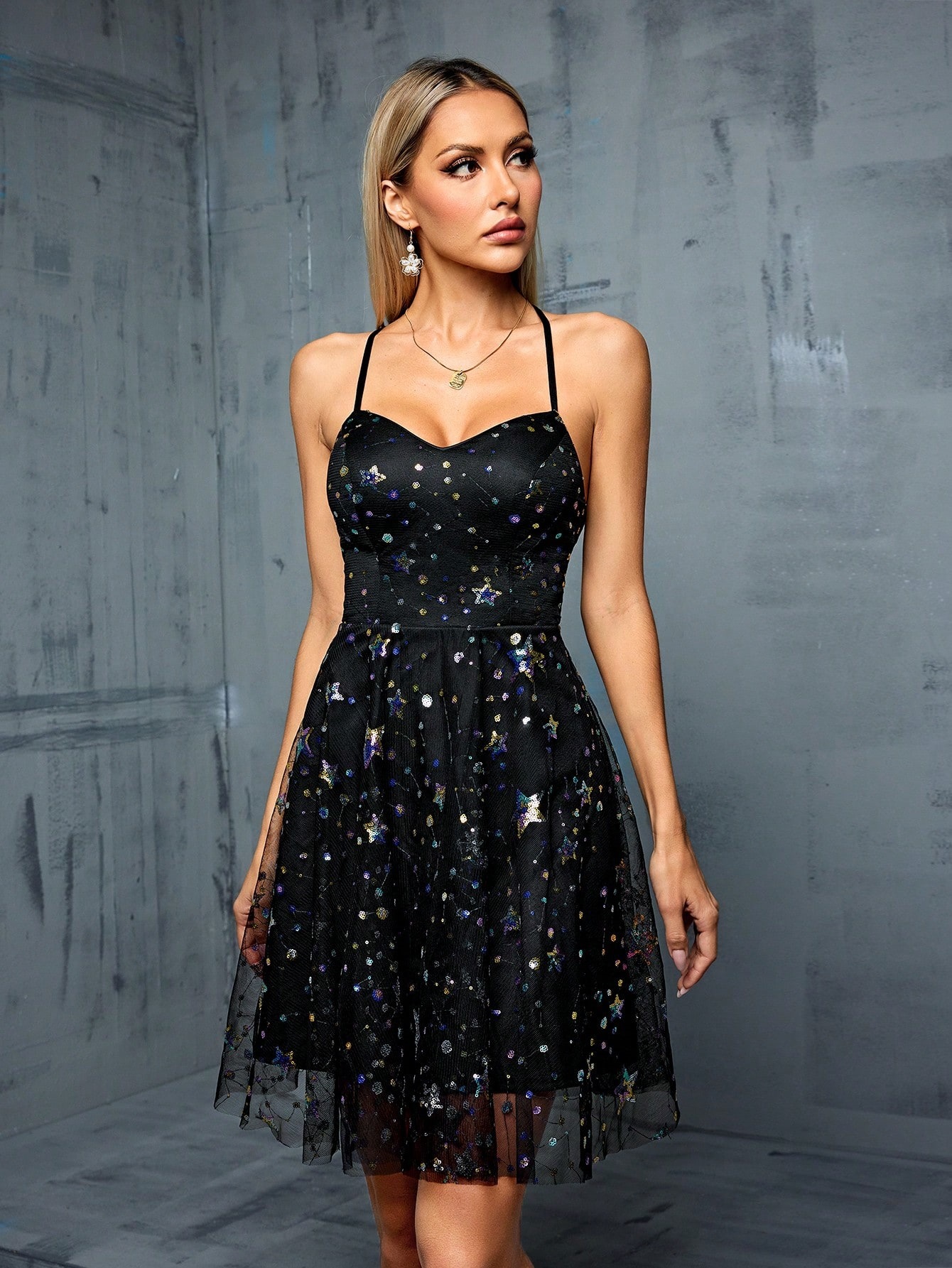 Strap Evening Dress for Women Dinner Party Dress Mesh Double Layer Design Annual Meeting Dress for Women