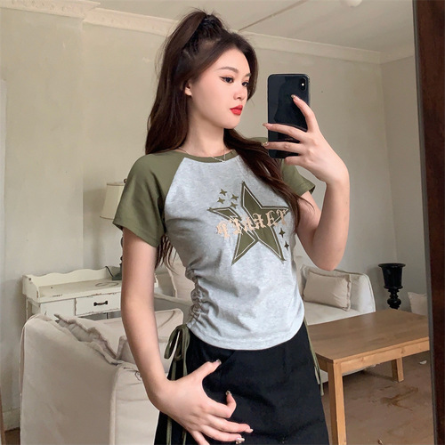 Vintage American Star Short Sleeve Square Neck T-Shirt for Women, Unique and Niche Design, Short Length with Straps and Drawstring, Hot Chick Top