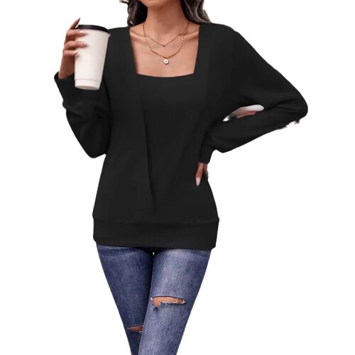 European and American Style Solid Color Square Collar Loose Long Sleeve Top Winter New Casual Women's Best Selling Item