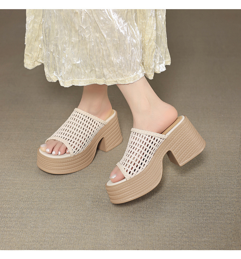 Sandal cao gót nữ đế dày phong cách La Mã, mũi hở, quai đan lộng lẫy — màu đen, màu trắng ngà chi tiết 12