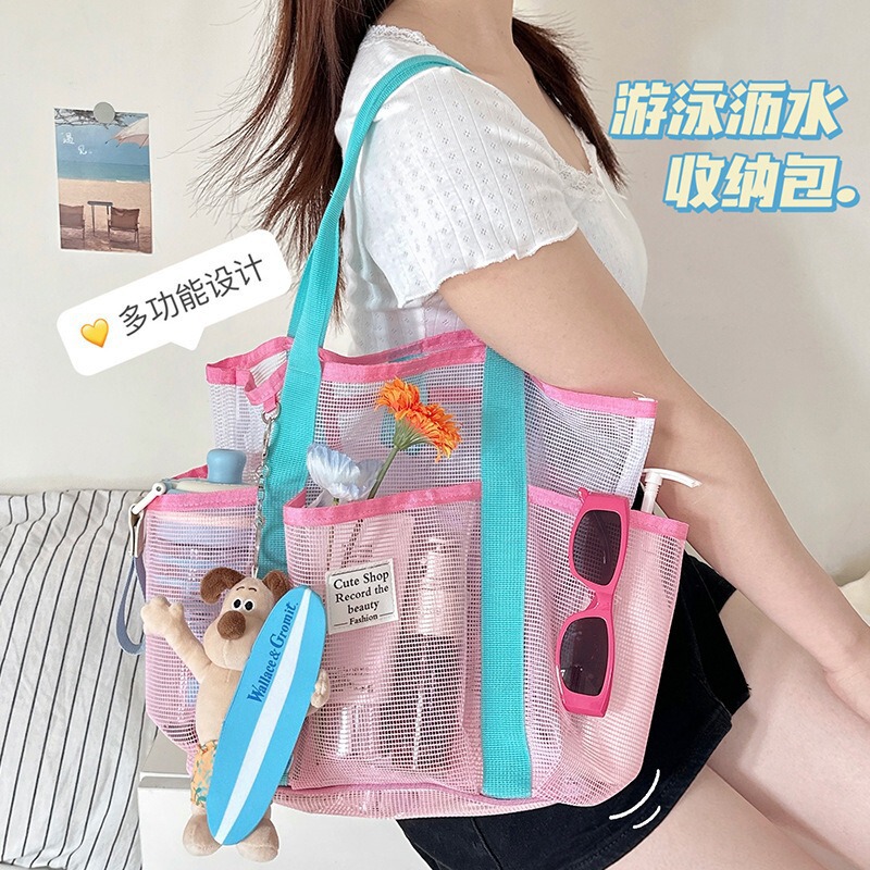 Travel Essential Mesh Swimming Bag Satchel Large-Capacity Beach Bag Outdoor Foldableing Swimsuit Storage Mesh Bag Drain Bag